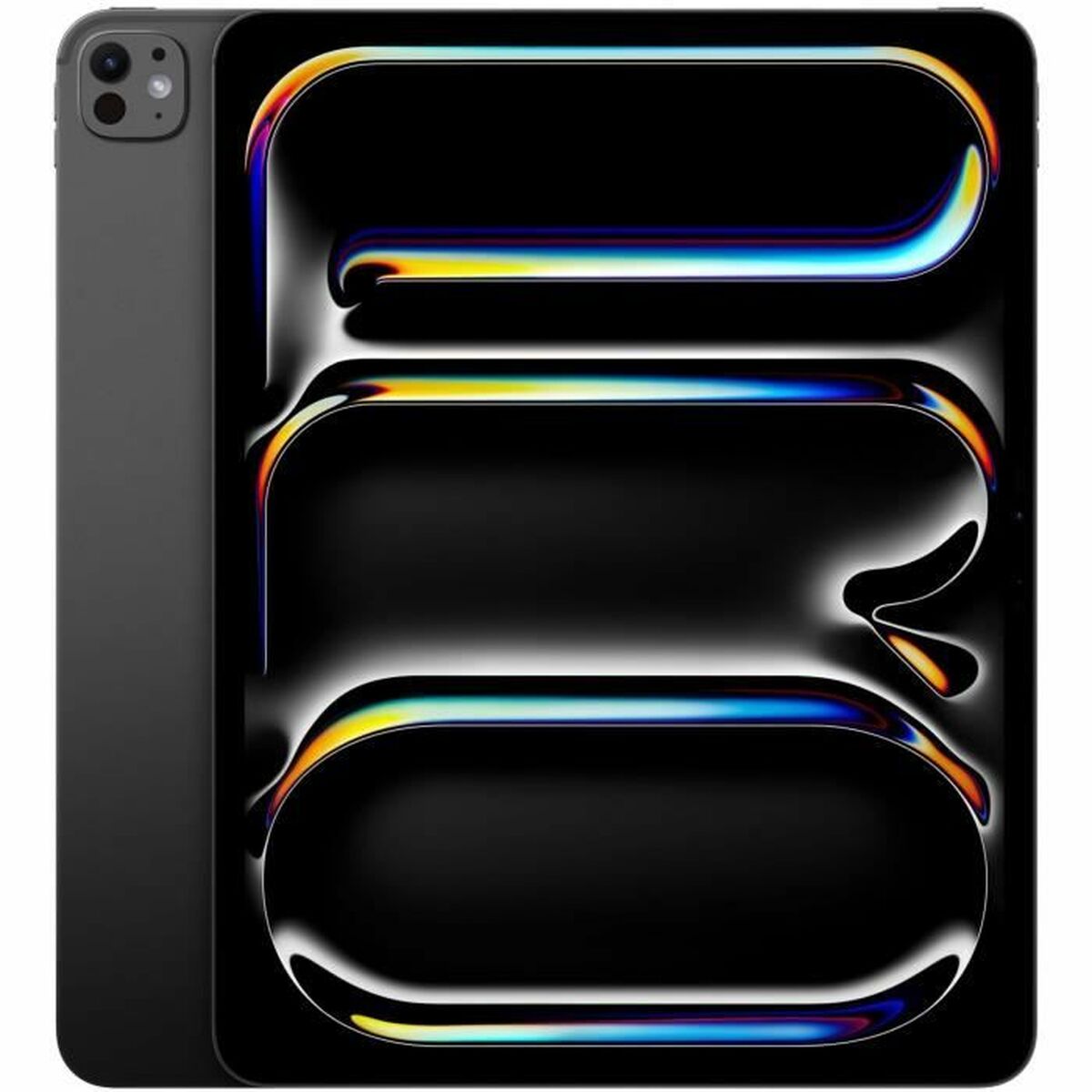 A tecwheels Apple iPad Pro 13 Inch Tablet with 8GB RAM, 256GB storage, black M4 chip, and Pro display is shown featuring a colorful abstract design on its Ultra Retina XDR screen against a dark background.