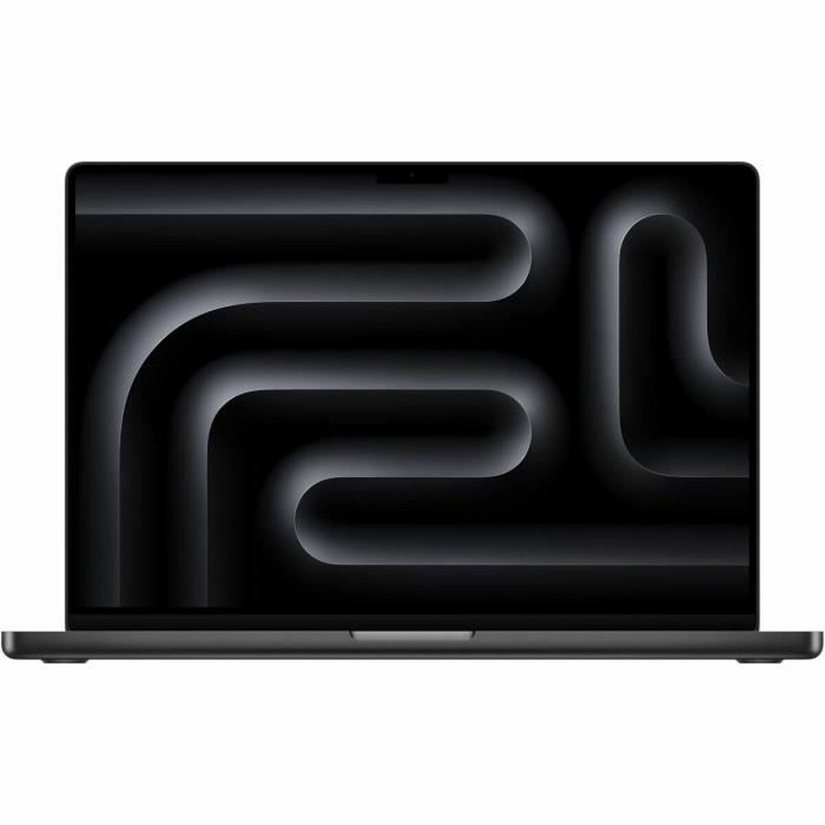 The tecwheels Apple Macbook Pro M4 Max Laptop with 36GB RAM and 1TB SSD is shown from the front, lid open and unbranded, its screen displaying a dark abstract pattern of curved lines and gradients.