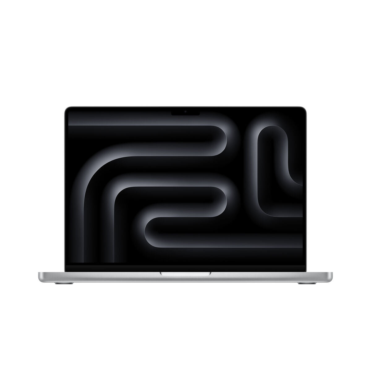The tecwheels Apple MacBook Pro MRX83Y A 14.2" laptop for professionals features an M3 Max chip, 36GB RAM, and 1TB SSD; shown front-facing in silver with a black screen displaying abstract curved shapes and lines on a white background.