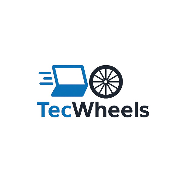 A logo with a blue laptop and a black wheel, with speed lines behind the laptop. Below them, the text TecWheels appears, with Tec in blue and Wheels in black, all on a light background.