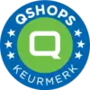 A circular blue and green logo with a white Q in the center. The words QSHOPS KEURMERK surround the Q, with white stars decorating the blue outer ring.