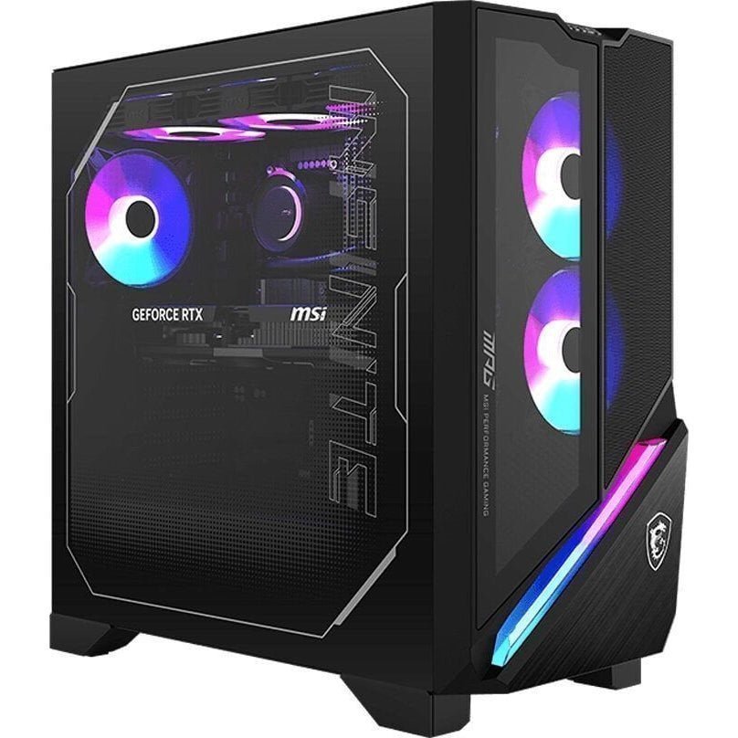 The tecwheels MSI MPG Infinite X3 AI 2NVZ9 063EU Ultra 9 285K in black features a transparent side panel, vibrant RGB lighting, and a powerful RTX 5090 graphics card for impressive 4K gaming. Includes 32GB DDR5 RAM and WiFi 6E on Windows 11.