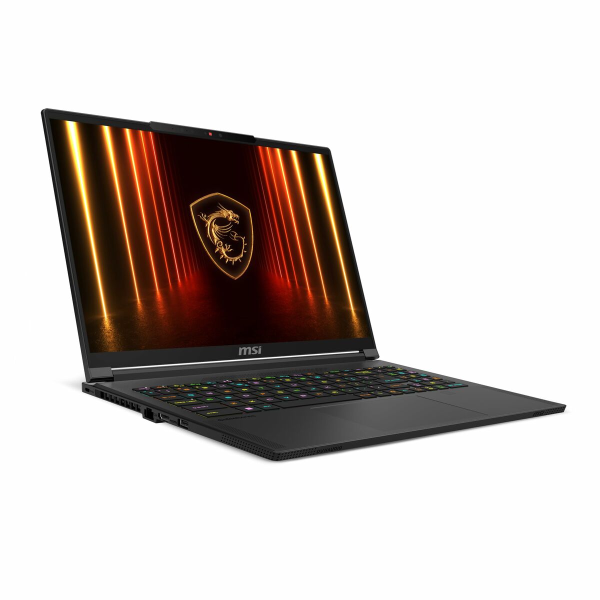 The tecwheels MSI Stealth A16 Ai Plus 16" gaming laptop features an RTX 5080, Ryzen 9 HX 370, 2TB SSD, and 32GB RAM. Shown with an RGB keyboard and dragon logo against an orange-yellow background, angled slightly from the right.