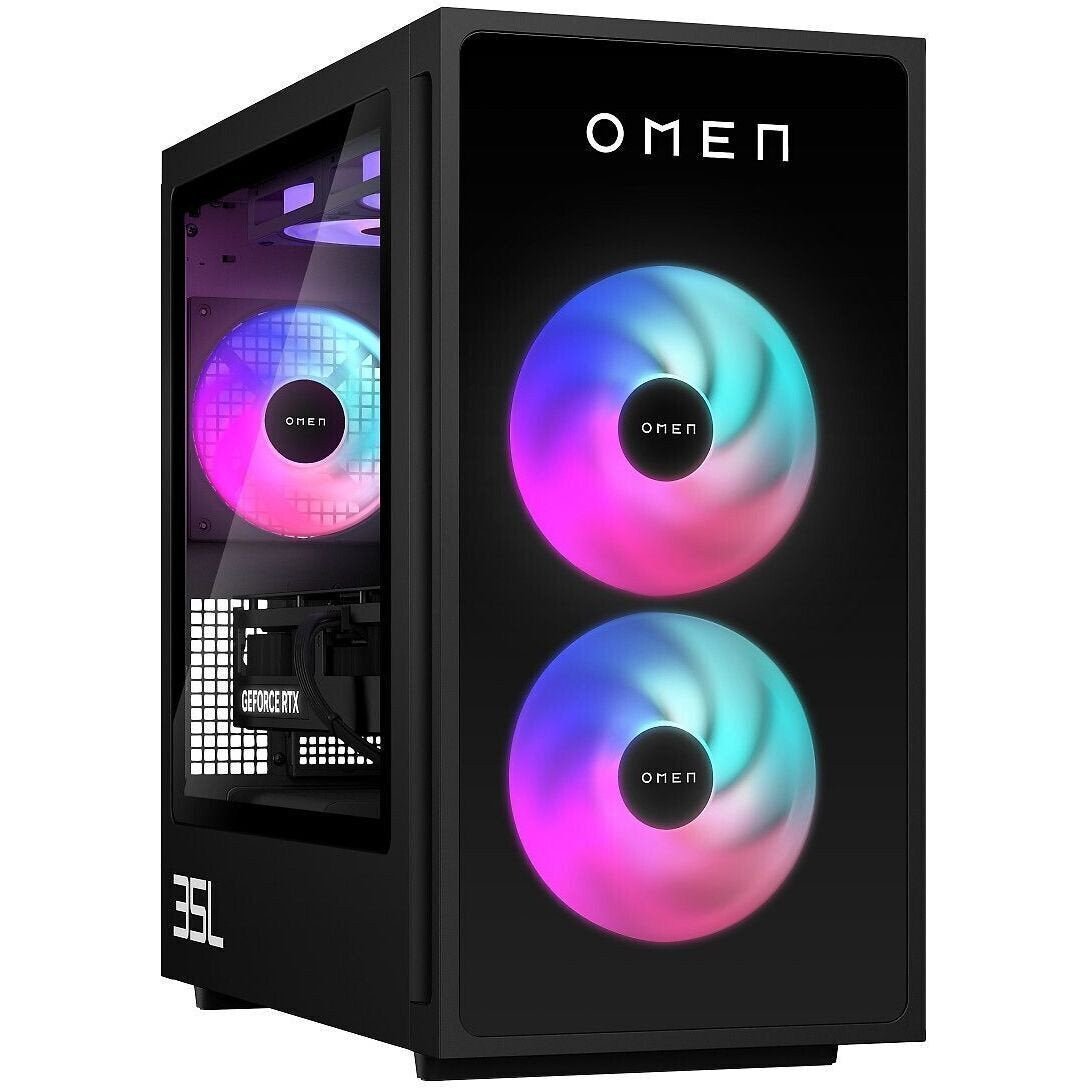 The tecwheels Omen by HP 35L GT16-0090NO Gaming Desktop (BV9Q7EA) features two RGB front fans, a side window displaying internal parts like a GeForce RTX card, and the Omen logo on top for high-performance cooling and smooth multitasking.
