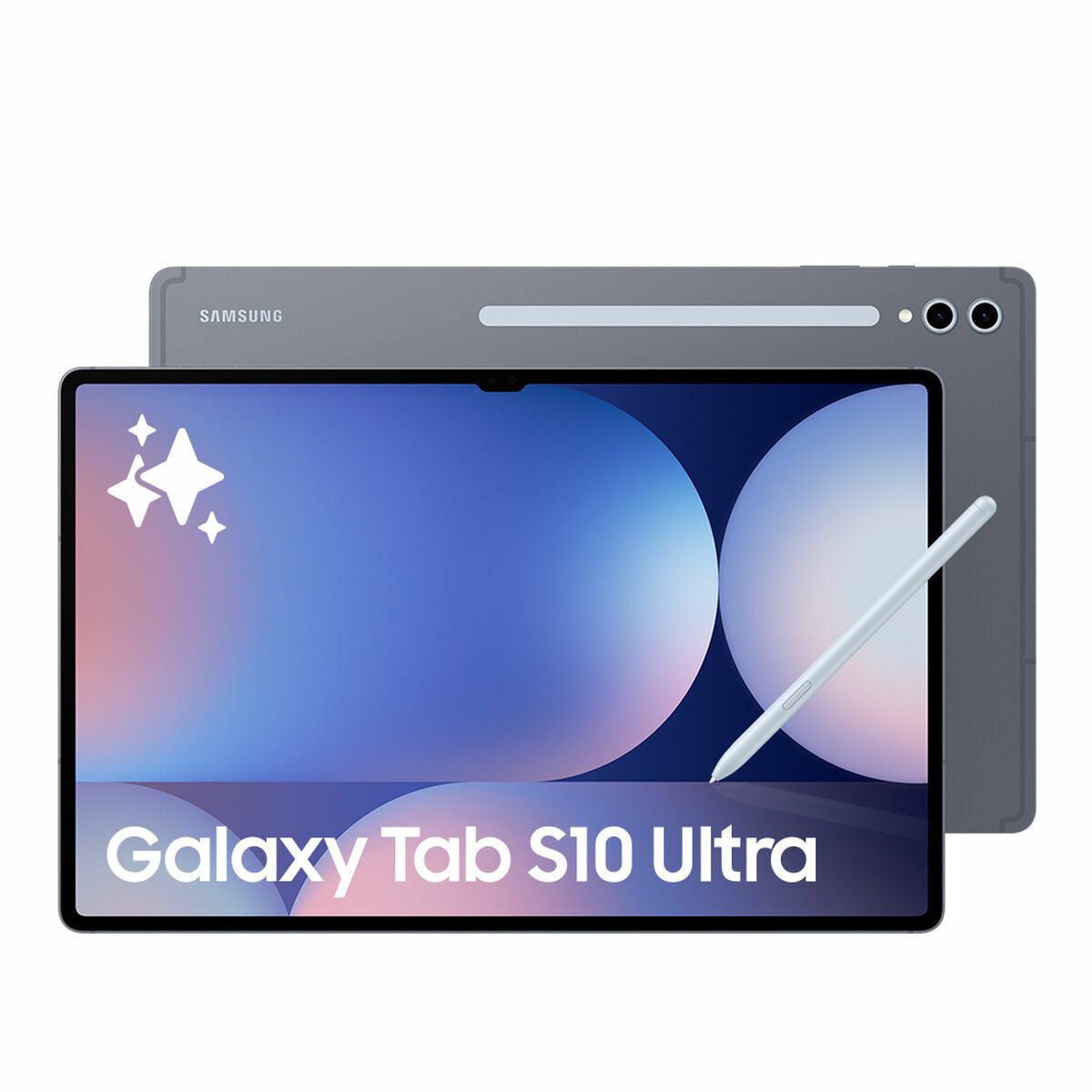 Front and back view of the tecwheels Samsung Galaxy Tab S10 Ultra 14.6 Inch Tablet with 12GB RAM, 1TB storage in grey, featuring a stylus, vibrant display, dual rear cameras, and premium Android tablet design.