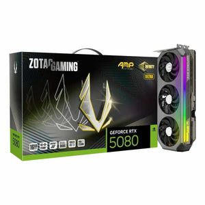 Graphics card Zotac ZT-B50800BU-10P GEFORCE RTX 5080 16GB GDDR6X GDDR7 with multicolor lighting and triple fans.