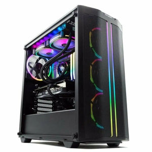 The PcCom Imperial Desktop PC features a black case with a tempered glass side panel, RGB-lit front and internal fans, and organized hardware including an Nvidia Geforce RTX 4070 and 32 GB RAM, plus a 2 TB SSD.